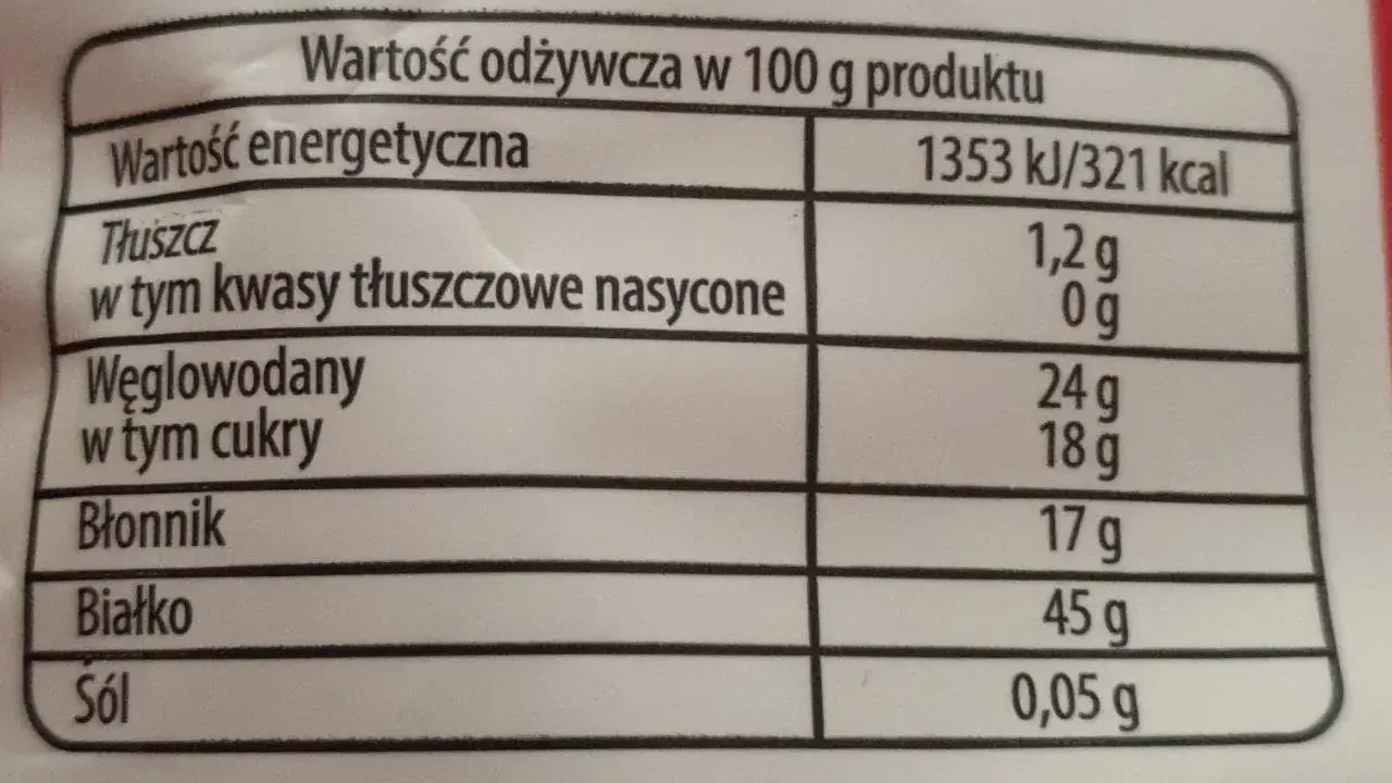 Tabela wartości odżywczych produktu: kalorie, tłuszcz, węglowodany, błonnik, białko, sól.