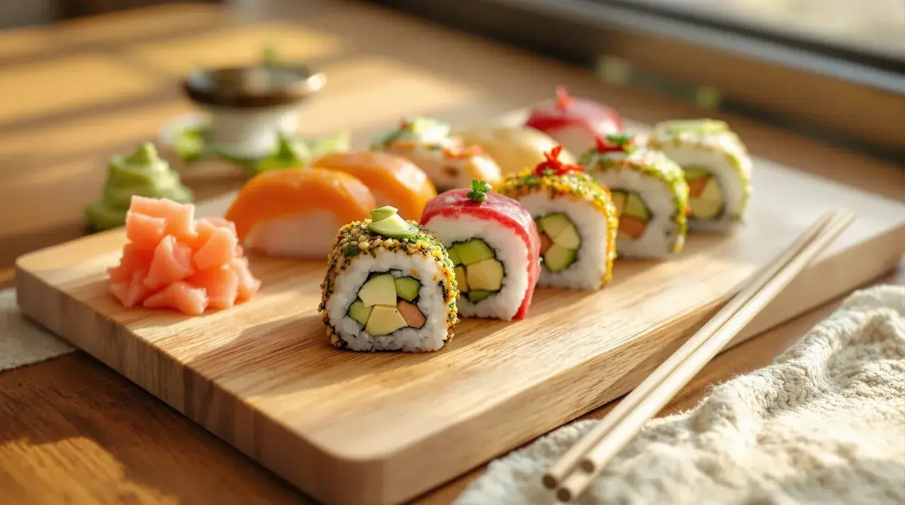 Kolorowe rolki sushi z awokado i łososiem, obok różowego imbiru i wasabi. Idealne, by wybrać co do sushi do środka.