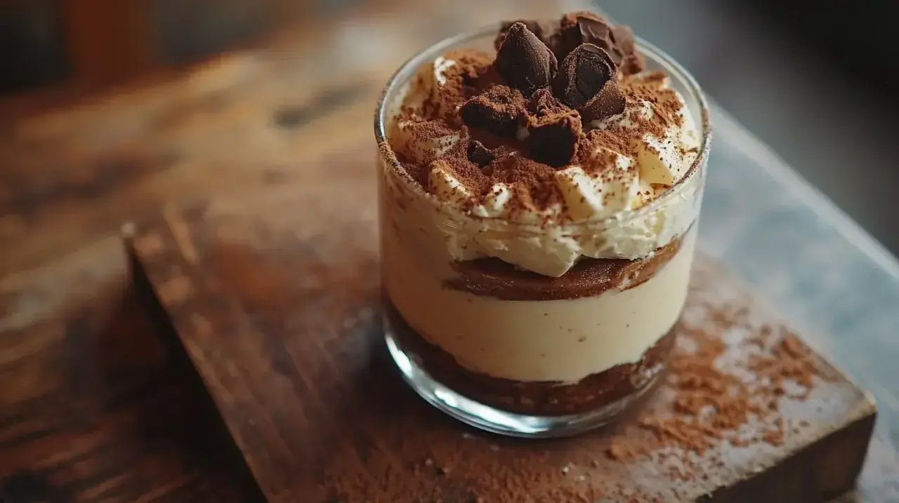 Pyszne tiramisu w szklance, z warstwami kremu, kawy i delikatnych biszkoptów do tiramisu, posypane kakao i czekoladą.