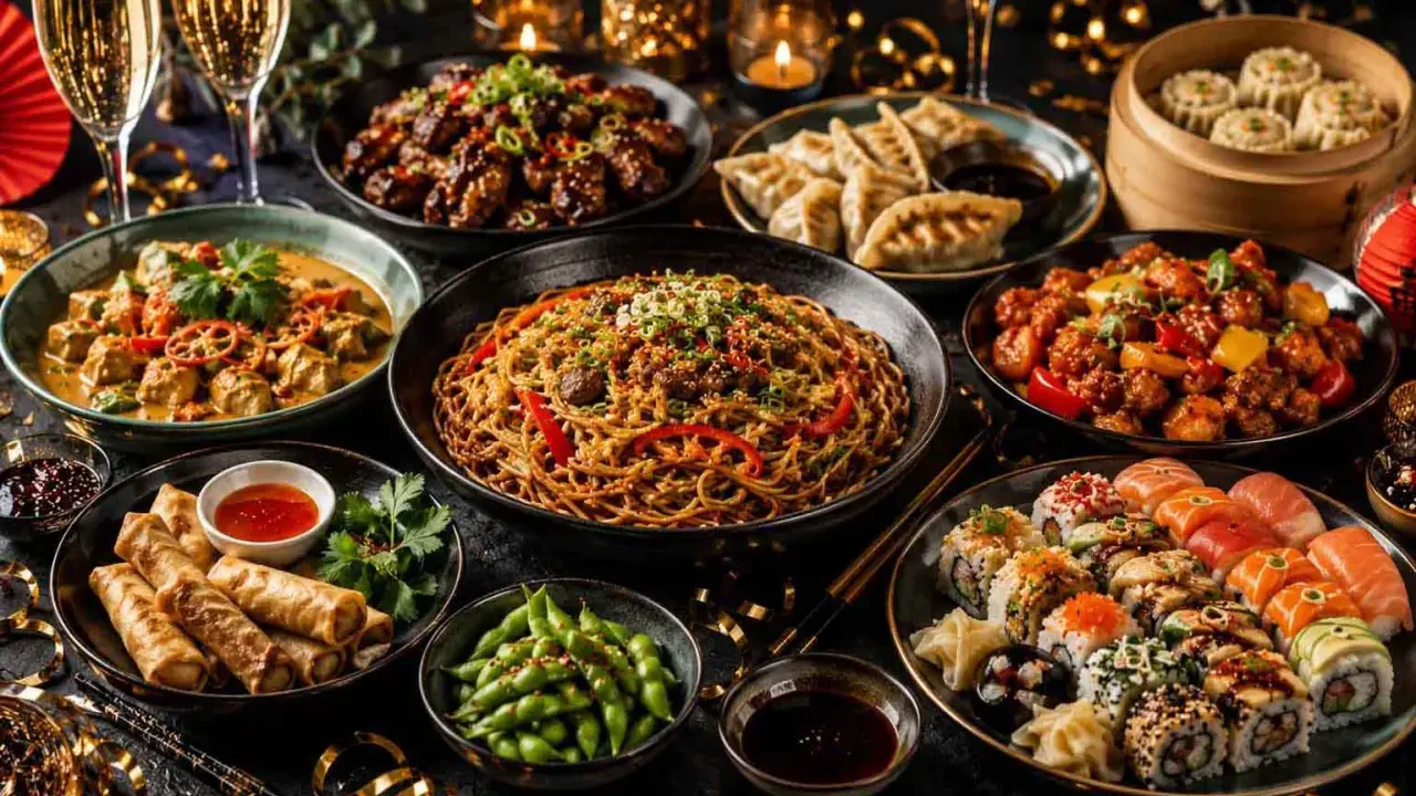 Obficie zastawiony stół z daniami kuchni azjatyckiej, w tym sushi, makaronem i sajgonkami, idealny na świętowanie chińskiego nowego roku.