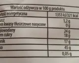 Tabela wartości odżywczych produktu: kalorie, tłuszcz, węglowodany, błonnik, białko, sól.