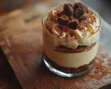 Pyszne tiramisu w szklance, z warstwami kremu, kawy i delikatnych biszkoptów do tiramisu, posypane kakao i czekoladą.