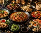 Obficie zastawiony stół z daniami kuchni azjatyckiej, w tym sushi, makaronem i sajgonkami, idealny na świętowanie chińskiego nowego roku.