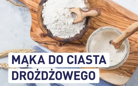 Mąka do ciasta drożdżowego w misce i zakwas w słoiku. Idealne składniki na puszyste wypieki.