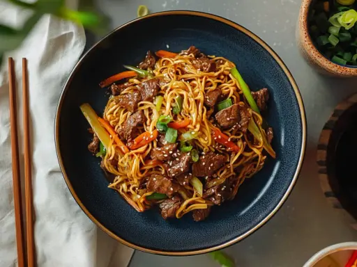 Makaron chow mein z wołowiną i warzywami w misce, obok pałeczek i sosu sojowego.
