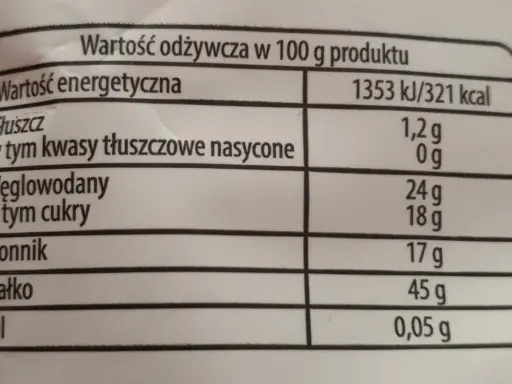 Tabela wartości odżywczych produktu: kalorie, tłuszcz, węglowodany, błonnik, białko, sól.