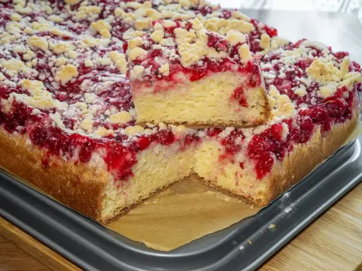 Puszyste ciasto drożdżowe z malinami i kruszonką na dużą blachę. Prosty przepis na pyszny deser.