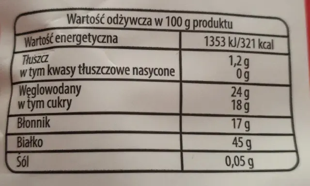 Tabela wartości odżywczych produktu: kalorie, tłuszcz, węglowodany, błonnik, białko, sól.