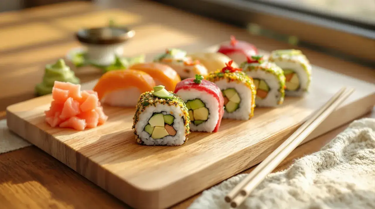 Kolorowe rolki sushi z awokado i łososiem, obok różowego imbiru i wasabi. Idealne, by wybrać co do sushi do środka.