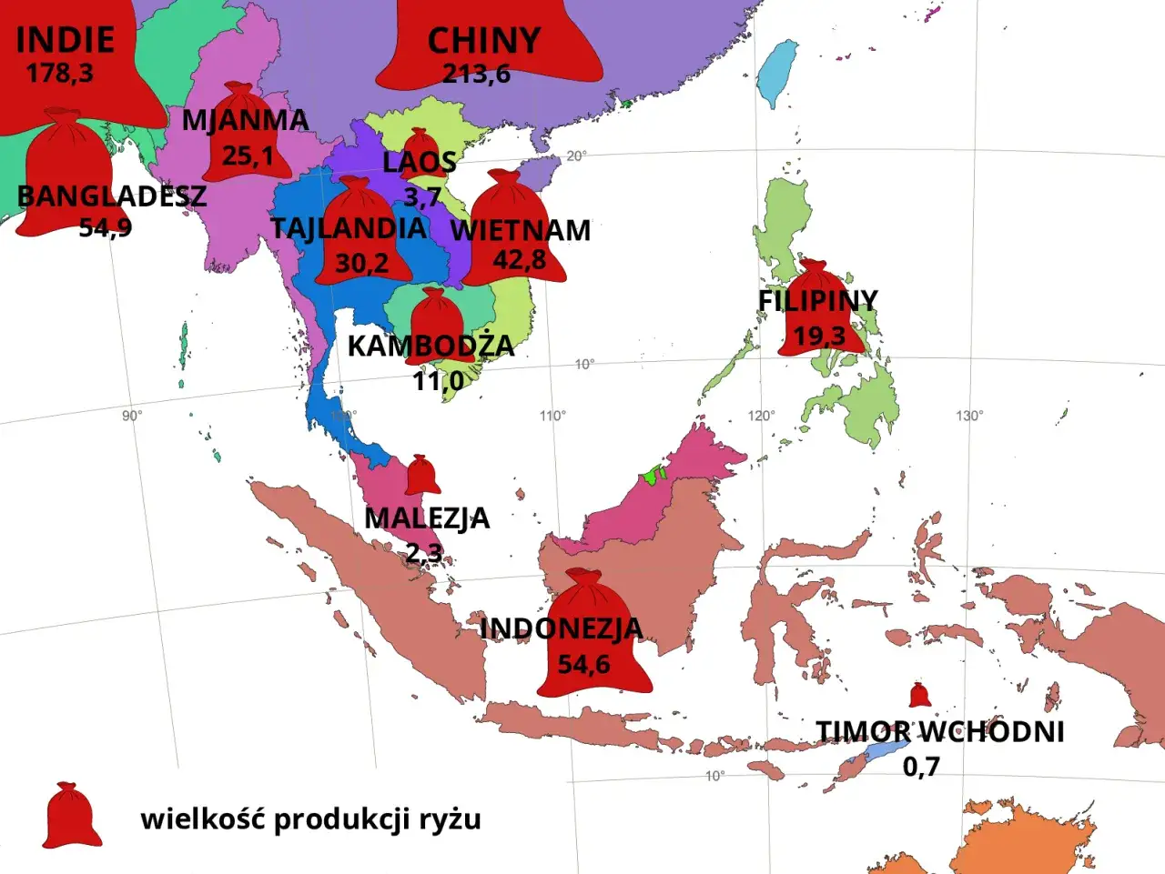 Mapa głównych regionów uprawy ryżu na świecie