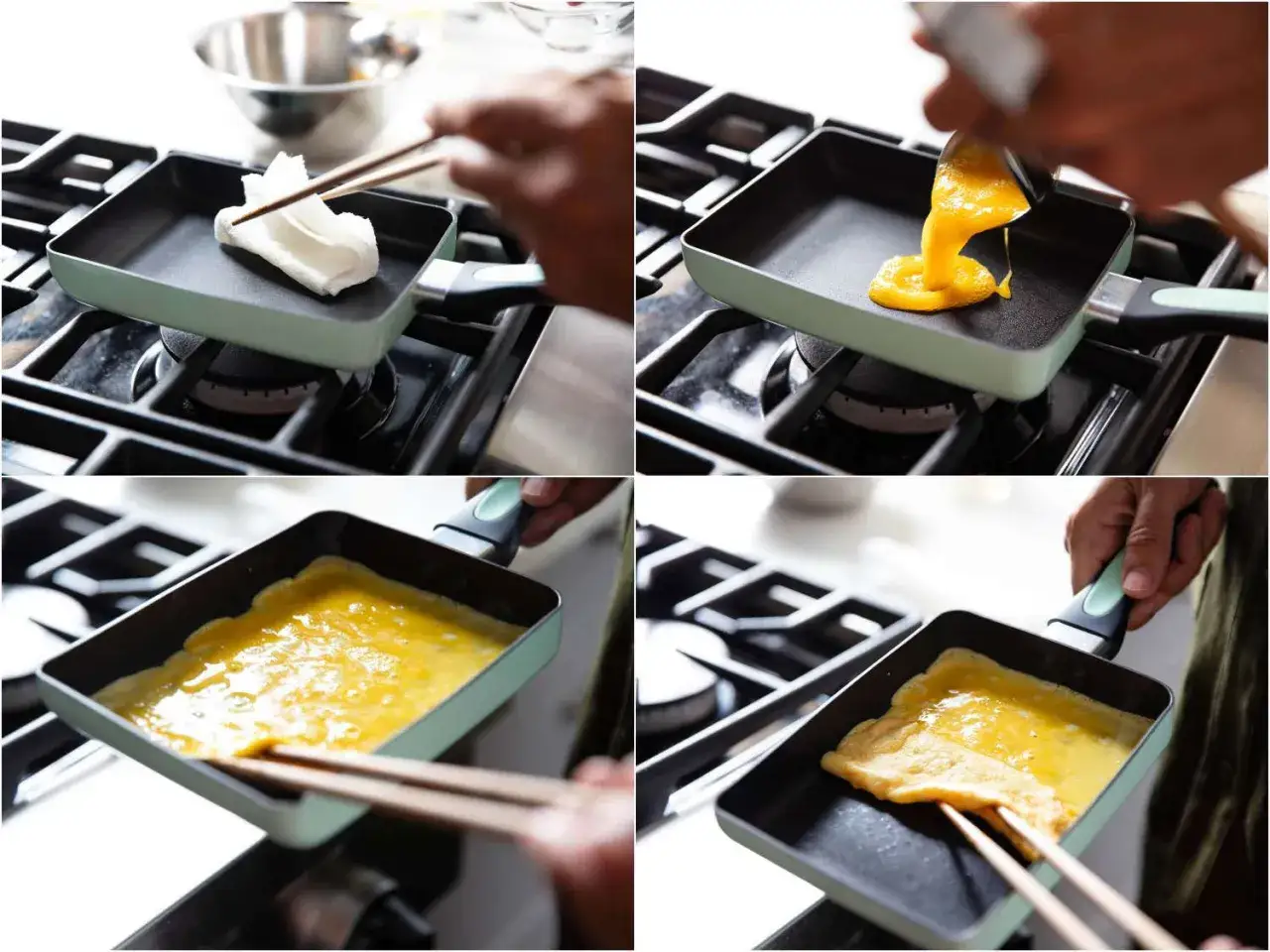Przygotowanie omletu tamago: smażenie jajek na patelni, dodawanie kolejnych warstw, aż powstanie puszysty omlet.