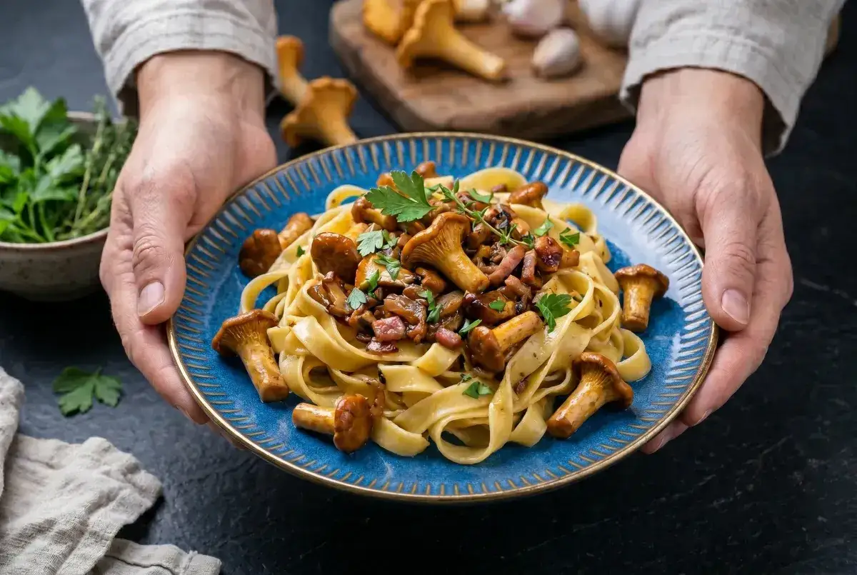 Tagliatelle z kurczakiem w sosie kurkowym, ozdobione natką pietruszki. Pyszne danie, które zachwyci każdego smakosza.
