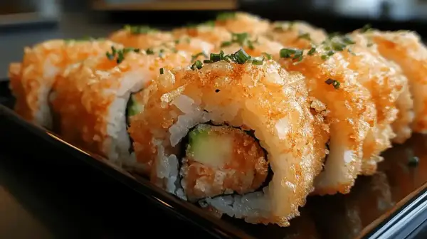 Chrupiące rolki sushi z awokado i krewetką, posypane szczypiorkiem. Idealne, gdy masz ochotę na coś pysznego do sushi.