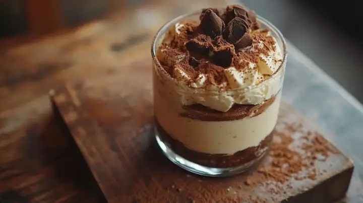 Pyszne tiramisu w szklance, z warstwami kremu, kawy i delikatnych biszkoptów do tiramisu, posypane kakao i czekoladą.