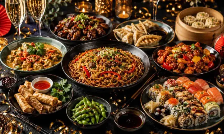 Obficie zastawiony stół z daniami kuchni azjatyckiej, w tym sushi, makaronem i sajgonkami, idealny na świętowanie chińskiego nowego roku.
