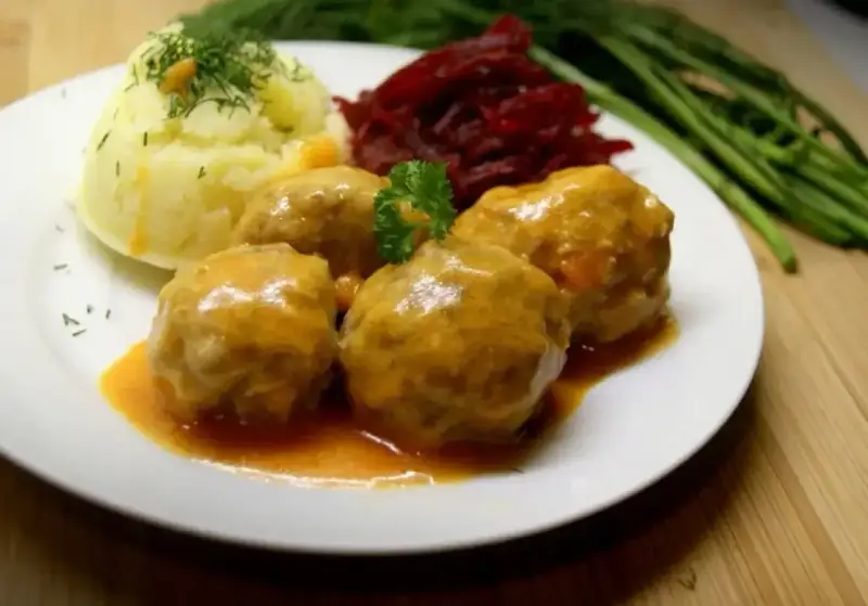 Pulpety w sosie pomidorowym bez smażenia, podane z puree ziemniaczanym i buraczkami. Pyszny, domowy obiad.
